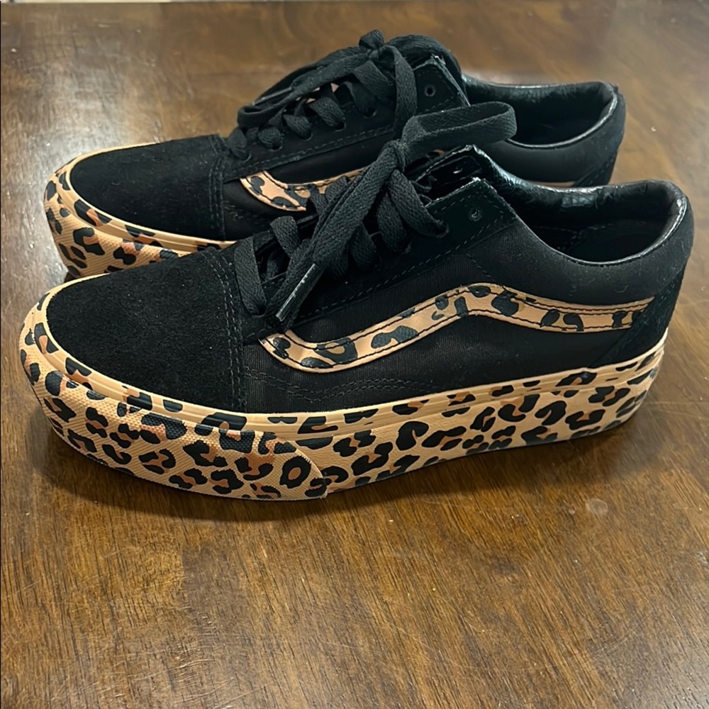 Vans Black and Tan Leopard Print Sneakers